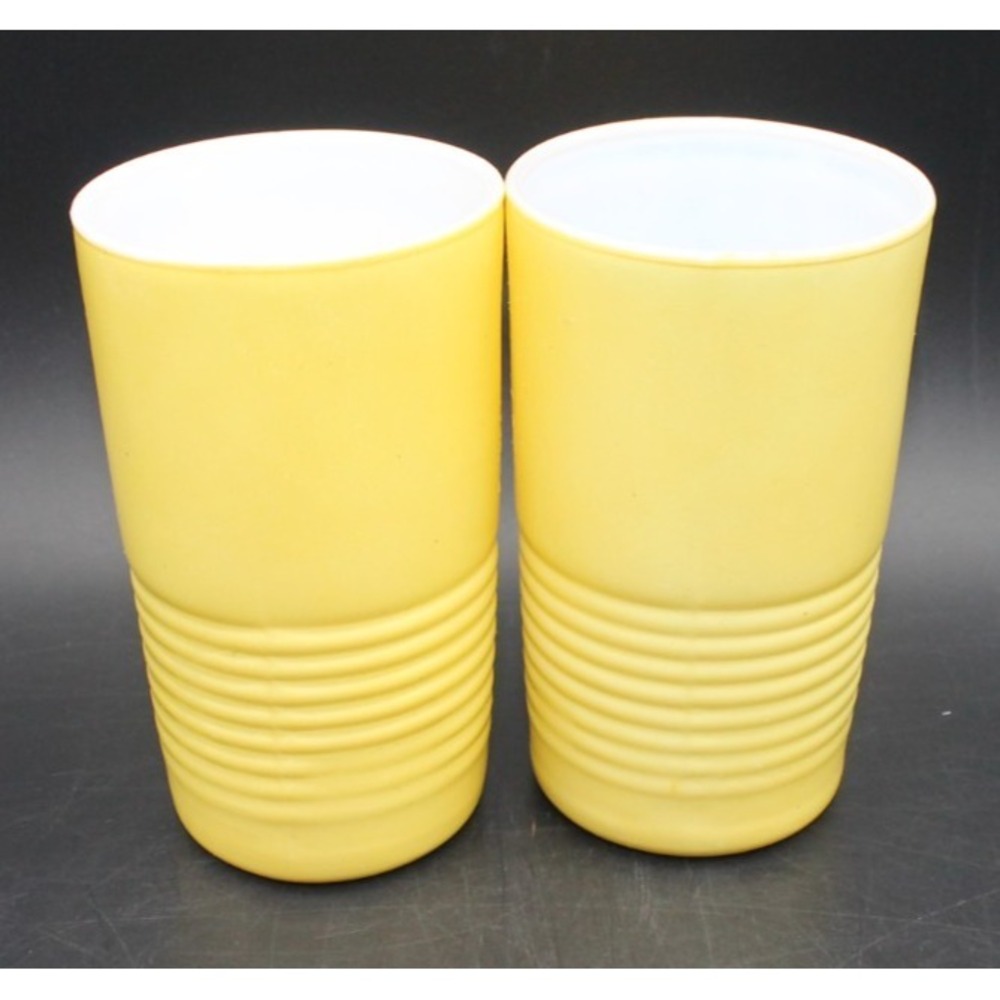 Vintage Yellow Cased Glass Tumblers White Interior Ribbed Mid Century Set of 2